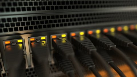 3d animation of network cables in server or router rack camera panning, seamless loop