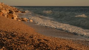 Waves on the Adriatic Sea, sunset, slow motion.