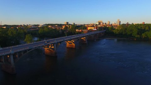 An aerial sunset shot in 4k of Columbia SC coming over the Congaree River