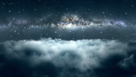 Flying Through Dense Clouds at Night with Beautiful View of Milky Way Galaxy and Twinkling Stars in The Background Seamless Looping Motion Background Animated Video Backdrop