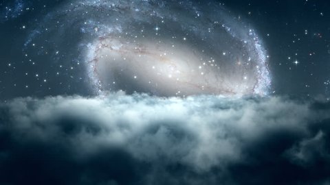 Flying Through Dense Clouds on Surface an Alien Planet with Beautiful View of a Galaxy and Twinkling Stars in The Background Seamless Looping Motion Background Animated Video Backdrop