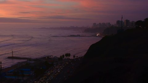 The ocean in the Barranco district of Lima at the sunset time