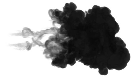 One ink flow, infusion black dye cloud or smoke, ink inject on white in slow motion. Black tint splatter in water. Inky background or smoke backdrop, for ink effects use luma matte like alpha mask