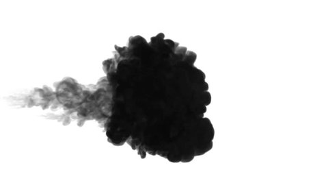 One ink flow, infusion black dye cloud or smoke, ink inject on white in slow motion. Black Color splatters in water. Inky background or smoke backdrop, for ink effects use luma matte like alpha mask