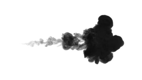One ink flow, infusion black dye cloud or smoke, ink inject on white in slow motion. Black in water. Inky background or smoke backdrop, for ink effects use luma matte like alpha mask