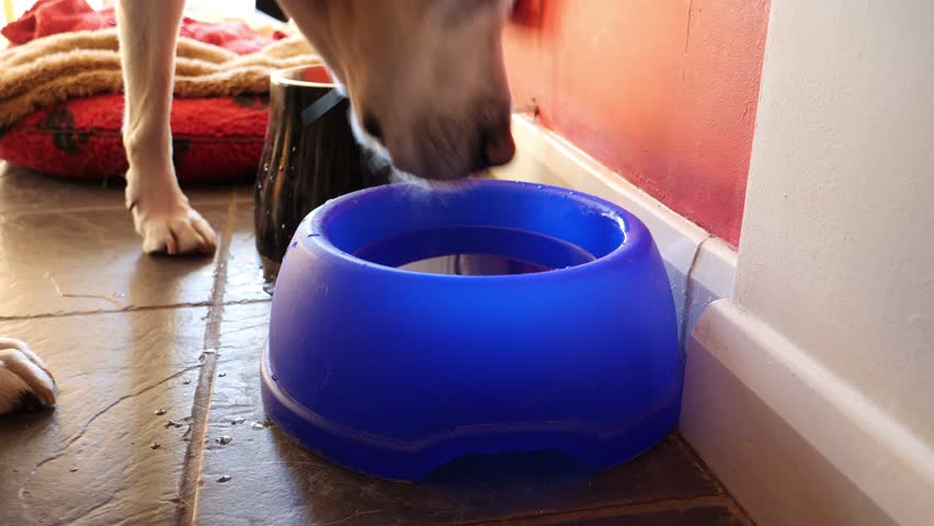 Labrador drinking water out of blue plastic bowl close up