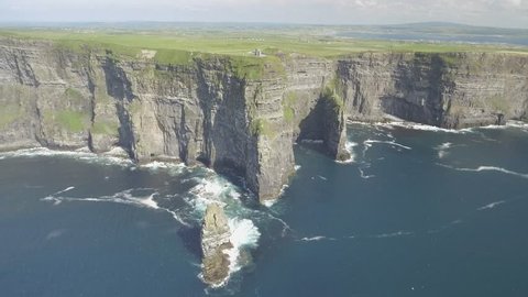 Birds eye aerial of The Cliffs of Moher , County Clare, Ireland. Epic Irish Landscape Seascape along the wild Atlantic way. Beautiful rural scenic nature from the West coast of Ireland.