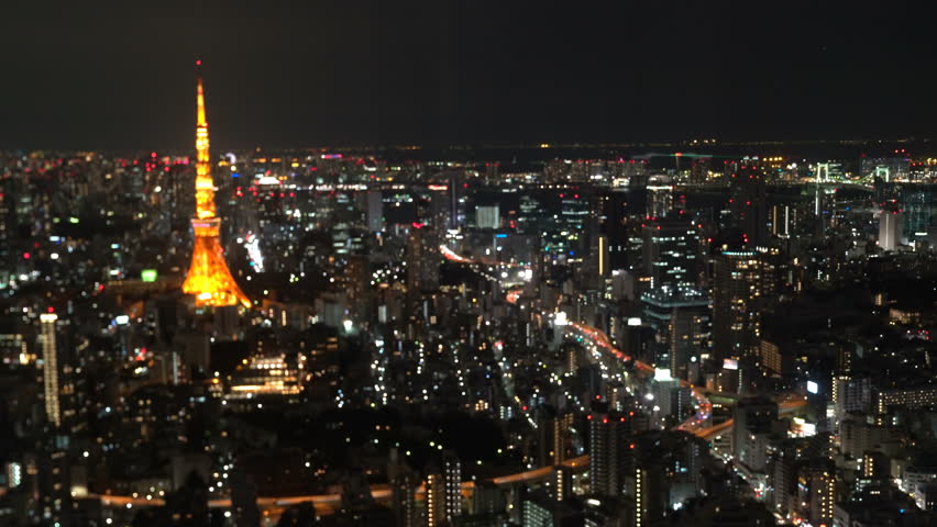 4k b-roll cinematic footage of night scene at Tokyo city with Tokyo Tower, aerial view. Pan left | Shutterstock HD Video #27960409
