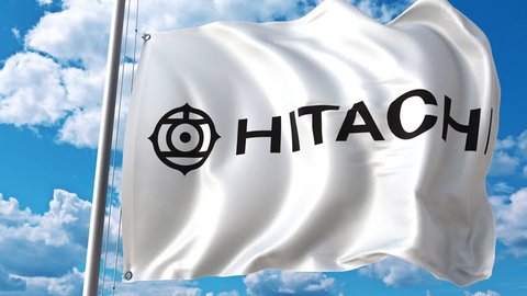 Waving flag with Hitachi logo against moving clouds. 4K editorial animation