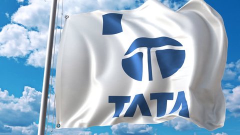 Waving flag with Tata logo against moving clouds. 4K editorial animation