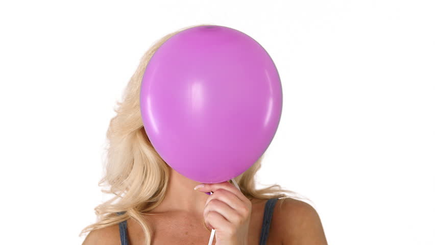Similar to Closeup of young blonde woman and pink helium balloon popping Po...