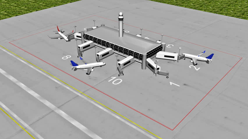 3D Animation of Airport. Birds eye view. HD1080.