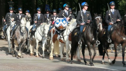 THE HAGUE, HOLLAND - SEPTEMBER 18: Cavalry rides in the Prinsjesdag parade on september 18, 2012 in The Hague, Holland. Prinsjesdag is the opening of Parliamentary year in Holland.