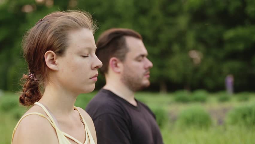 A man and a woman meditate in bliss. Young yoga instructors practice in a city park on green grass. Successful young people perform acro yoga exercises. Close up shot. Focus on woman. Royalty-Free Stock Footage #28002172
