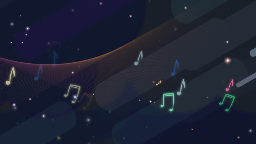 Looped music night animation. Beautiful night sky with shining stars, rounded rectangle objects and colorful musical symbols.
