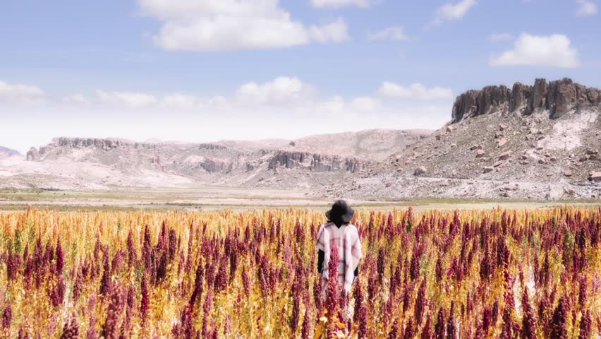 Bolivian peasant wearing hat and poncho contemplating the quinoa fields. 4k