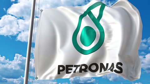 Waving flag with Petronas logo against moving clouds. 4K editorial animation