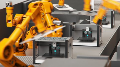 02774 loopable shot, robotic arms building printers on a assembly line