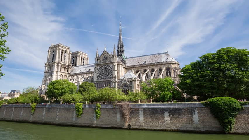 Notre Dame de Paris, also known as Notre Dame Cathedral, Paris, France. Timelapse