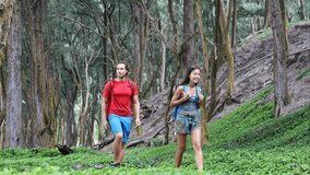 Young hiking couple walking in forest. Multiethnic man and woman are carrying backpacks. Male and female hikers are exploring nature.