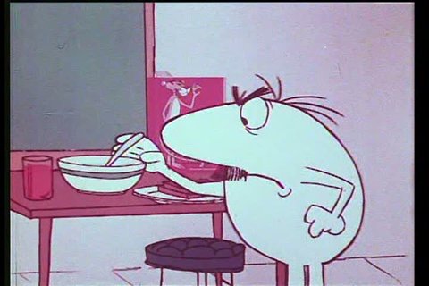 1950s: The Pink Panther steals breakfast cereal in an animated television commercial advertising Pink Panther Flakes, in 1972.