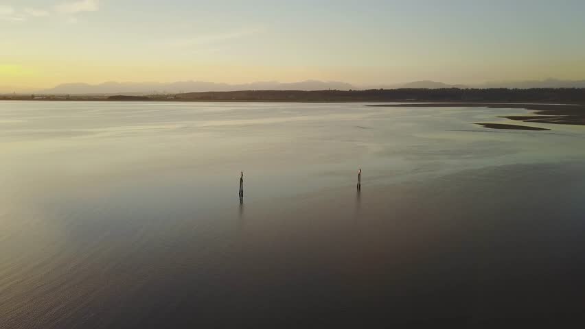 Aerial view of a beach during a cloudy sunset with a colorful sky. Taken in White Rock, Greater Vancouver, British Columbia, Canada.