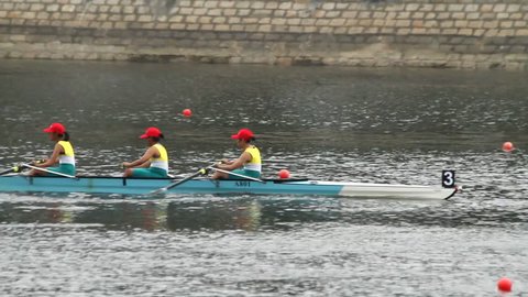 HONG KONG - NOVEMBER 5: Crew boat teams race on a river on November 5, 2011 in Hong Kong, China.