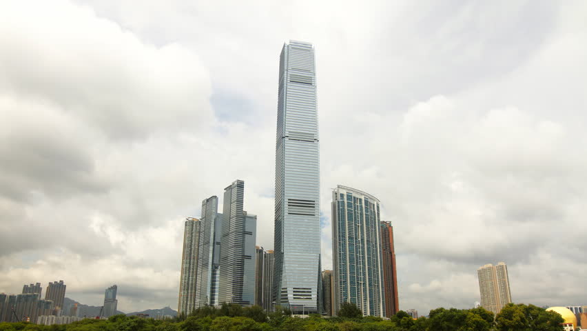 HONG KONG - AUGUST 17: Time lapse of Hong Kong ICC Tower skyscrapers exterior.