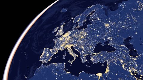Europe city lights map from space animation