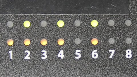 Router leds indicating power, connectivity and data transfer, from ports numbers 1 to 8