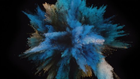 Colorful powder/particles fly after being exploded against black background. Shot with high speed camera, phantom flex 4K. Slow Motion.