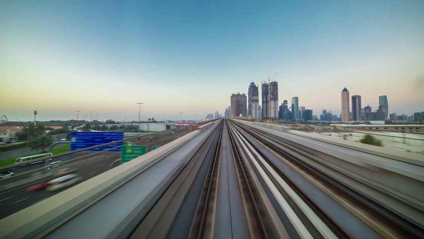 POV timelapse journey on the driverless elevated Rail Metro System, running alongside the Sheikh Zayed Road