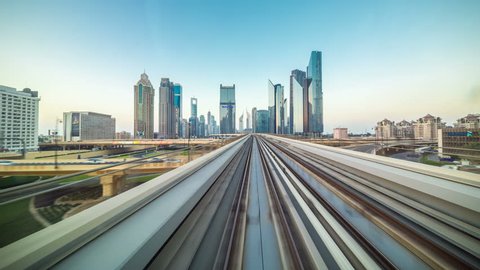 POV timelapse journey on the driverless elevated Rail Metro System, running alongside the Sheikh Zayed Road
