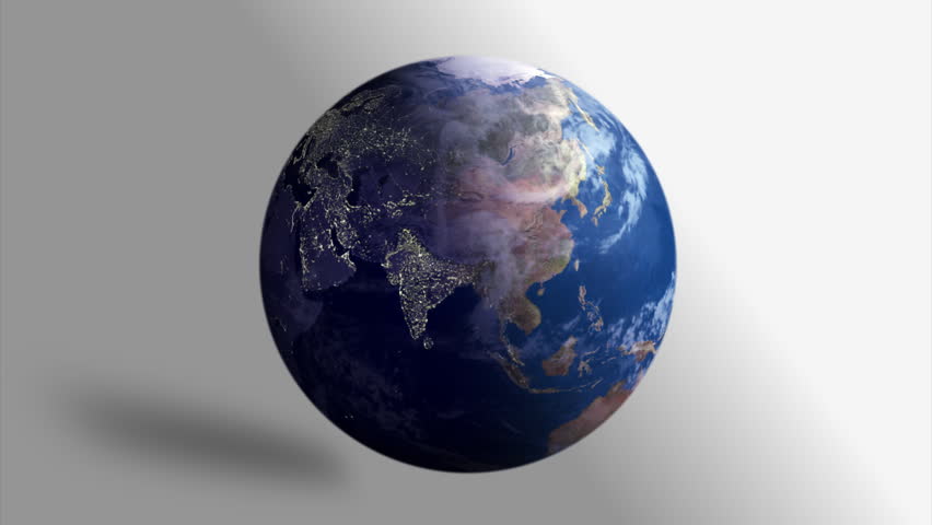 A slowly-rotating Earth on a white background.  Asia, Europe, Africa is shown. 