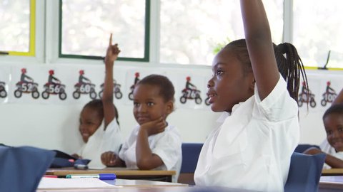 Schoolgirl raising hand during a lesson at elementary school