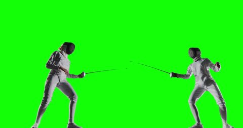 4K video in slow motion of two female fencing athletes on a green background ready to cut. All players wear unbranded basketball uniform.