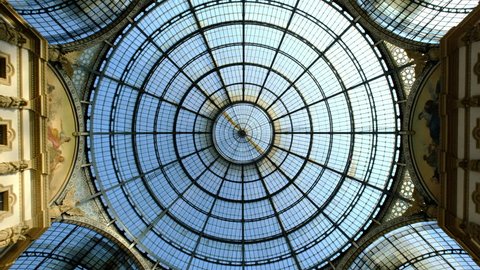 Milan Cathedral, Galleria Vittorio Emanuele/Milan, Italy - 21st June 2017: Panoramic of famous Glass Dome in Galleria Vittorio Emanuele II in Milan city center. Series.