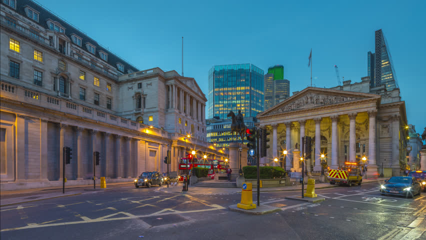 Motion control day to night timelapse of commuters activity at the front Bank of England and The Royal Exchange in the City of London.
