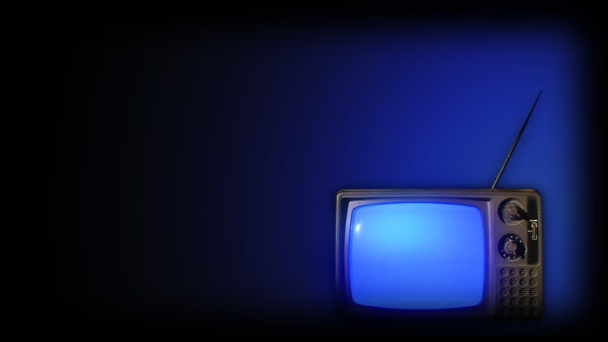 A blue background with an old fashioned retro black-and-white television.  Alpha