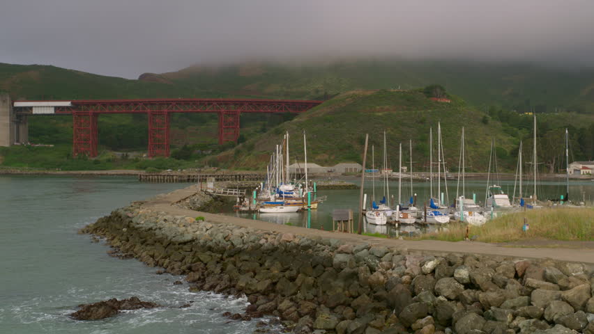 Horseahoe cove marina near Golden Gate Bridge at Fort Baker. 4K.