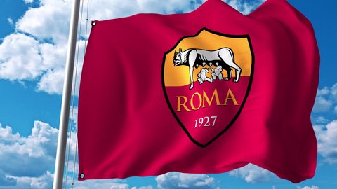 3D Animation. Waving flag with Roma football team logo. 4K editorial clip