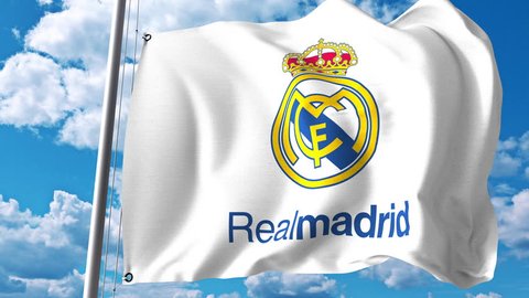 3D Animation. Waving flag with Real Madrid football team logo. 4K editorial clip