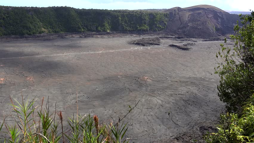 Kilauea Iki Crater with the solidified lava lake from the rim. Volcanoes NP, Big Island, Hawaii, USA