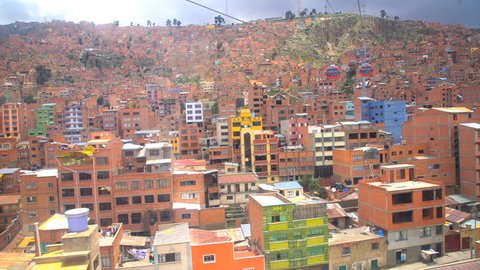 La Paz, South America - March 2017: Aerial view of El Alto La Paz transit system cable cars high above the Capital Bolivia