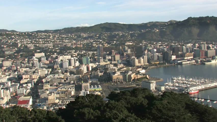 Wellington, New Zealand, October 2011. View from Mt. Victoria over Wellington waterfront and harbour with its high rise buildings and marina