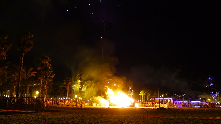 2 Clips of The Bonfires of Saint John in Salou, Spain. The traditional midsummer Spanish celebration in honor of San Juan. Are particularly popular in Catalonia and the Valencian Community