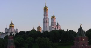 Video footage view of beautiful old cathedrals, buildings, churches and Moscow River in centre of Moscow city near Red Square on sunny summer morning in central Russia