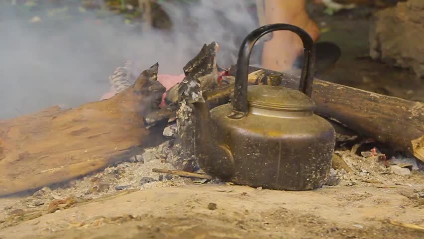 Kettle, boiling water, old-fashioned For camping in the forest.