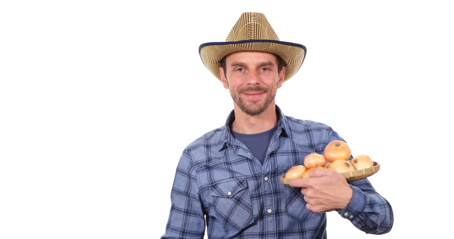 Positive Handsome Peasant Man Holding Common Onion Show Ok Sign Market Products