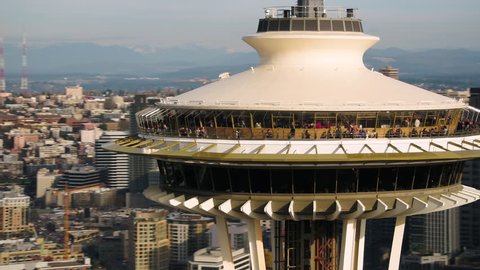 Seattle Aerial v103 Closeup shot flying low around Space Needle with cityscape views 4/17